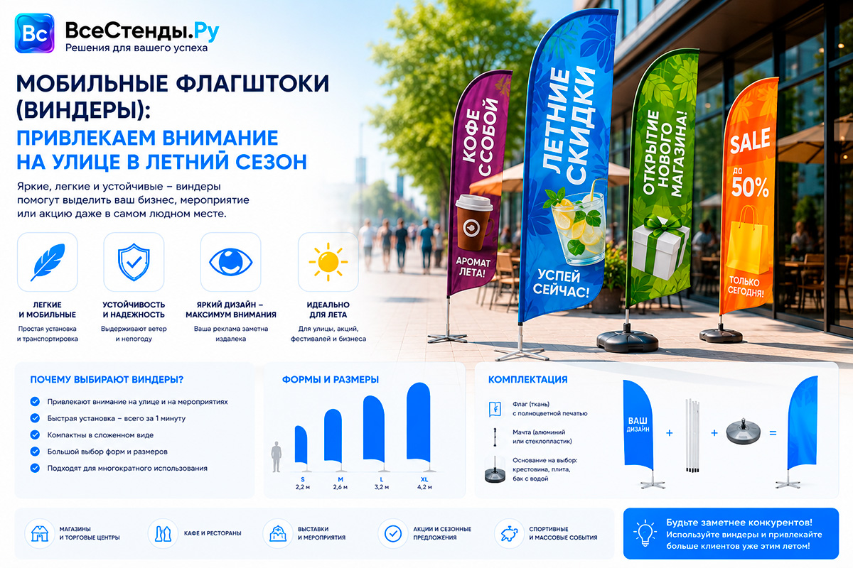 Мобильные флагштоки (Виндеры): привлекаем внимание на улице в летний сезон